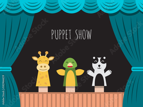 Childrens performance in the puppet theater at the theater with price, curtain and scenery.