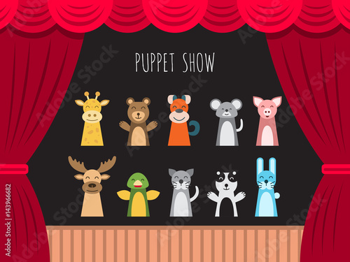 Childrens performance in the puppet show at the theater with price, curtain and scenery.