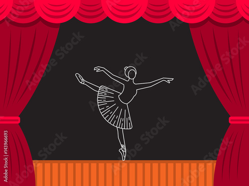Vector theater scene which depicts the figure of a girl ballerina in a tutu in a dance position. Ballet vector illustration in flat style