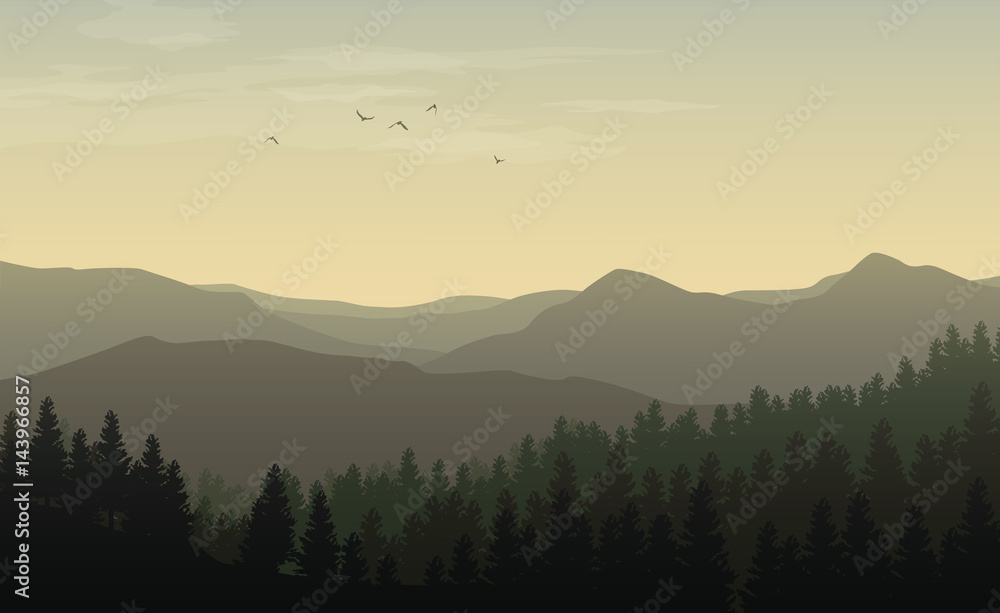 Morning landscape with misty silhouettes of mountains and hills, forest with coniferous trees and flying bird in the yellow toned sky