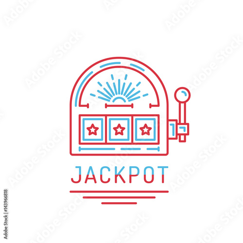 Slot machine, one arm bandit casino drawn in a flat lineal style. Outline icon slot machine where the jackpot falls, isolated on white background
