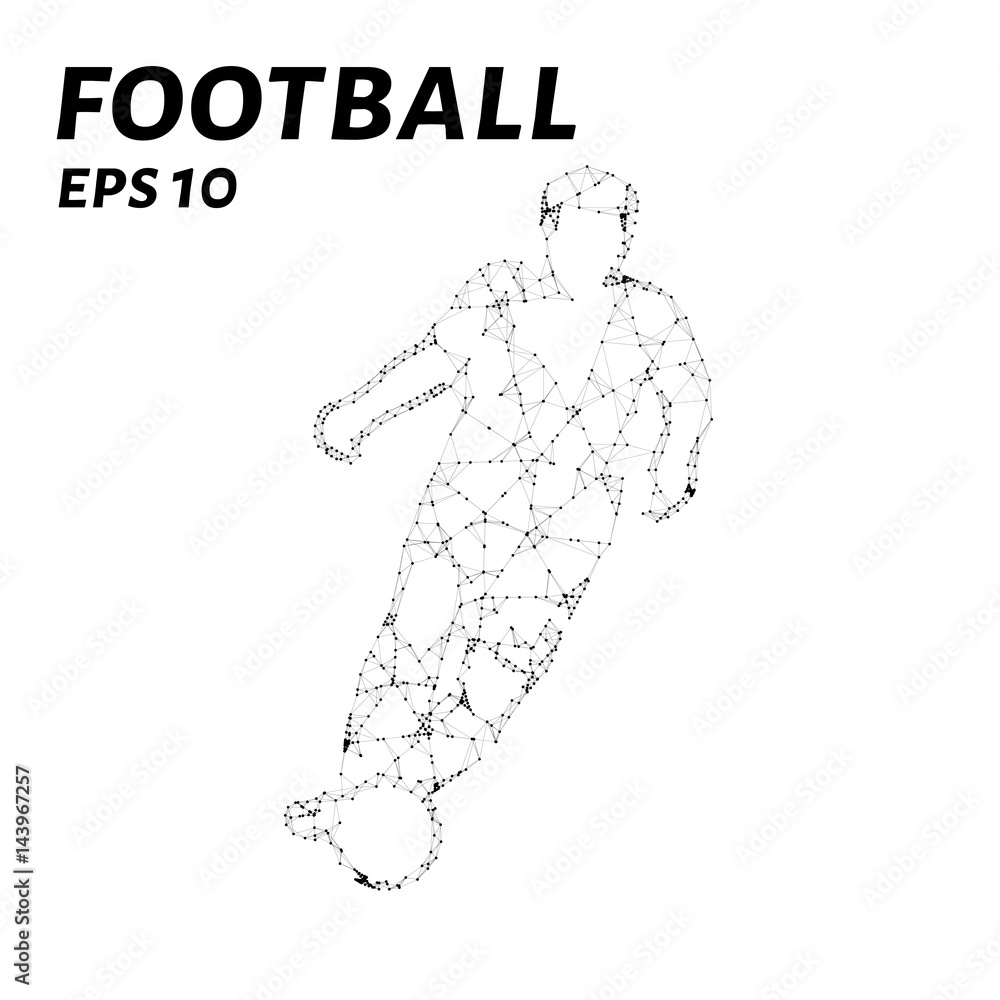 The football player consists of points, lines and triangles. The polygon shape in the form of a silhouette of a football player on dark background. Vector illustration.