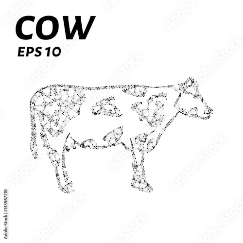 The cow consists of points  lines and triangles. The polygon shape in the form of a silhouette of a cow on a dark background. Vector illustration.