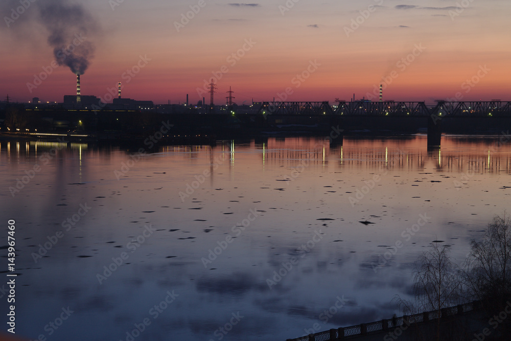 Sunset view from Ob river quay in Novosibirsk