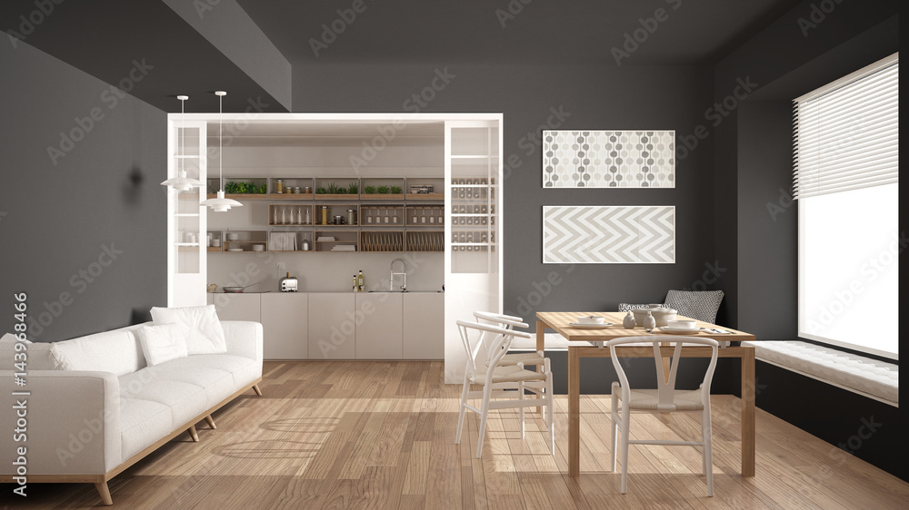 Fototapeta premium Minimalist kitchen and living room with sofa, table and chairs, white and gray modern interior design