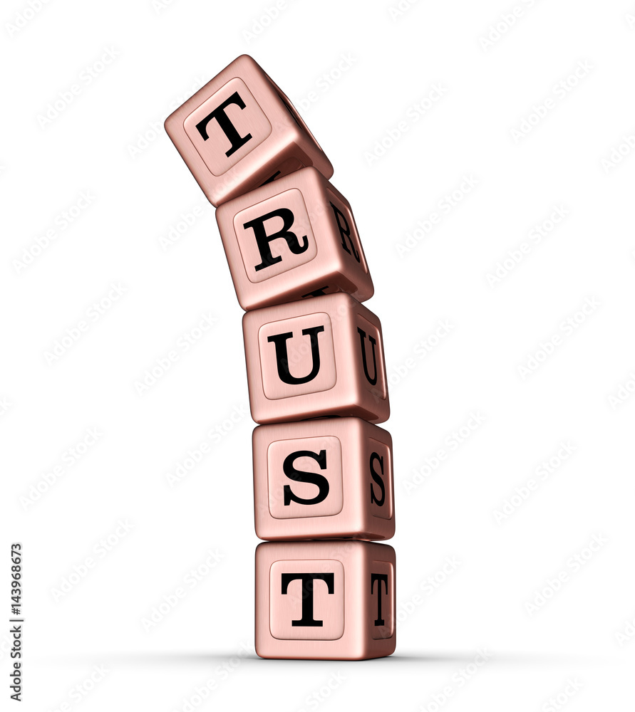 Trust Word Sign. Falling Stack of Rose Gold Metallic Toy Blocks. Trust Word Sign. Falling Stack of Rose Gold Metallic Toy Blocks.