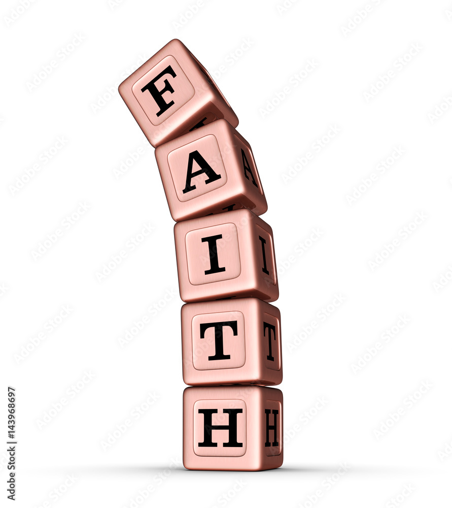 Faith Word Sign. Falling Stack of Rose Gold Metallic Toy Blocks. Faith Word Sign. Falling Stack of Rose Gold Metallic Toy Blocks.