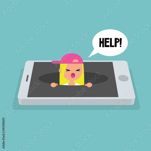 New technologies addiction. Young blond girl calling for help in the pit / editable flat vector illustration, clip art