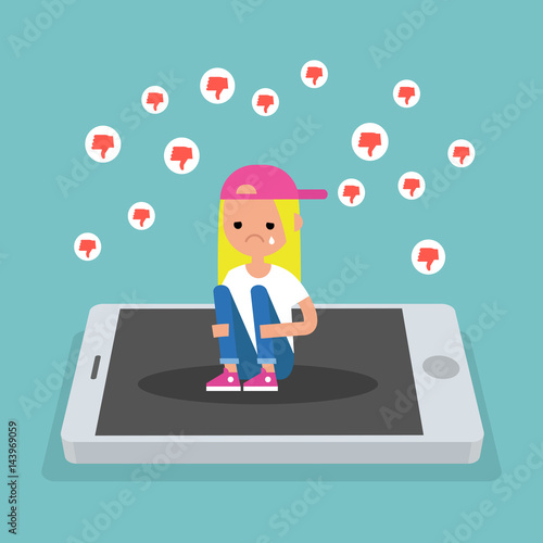 Upset crying girl sitting on the mobile's screen and hugging her knees surrounded by the dislike symbols / editable flat vector illustration, clip art