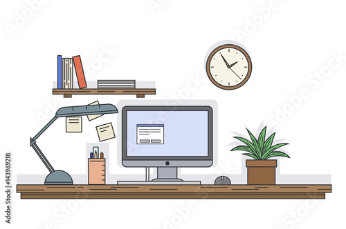 Flat line vector illustration of workplace desk with compiter and other equipment in the office