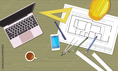 construction engineer architecture blueprint on the desk workplace topview flat vector illustration