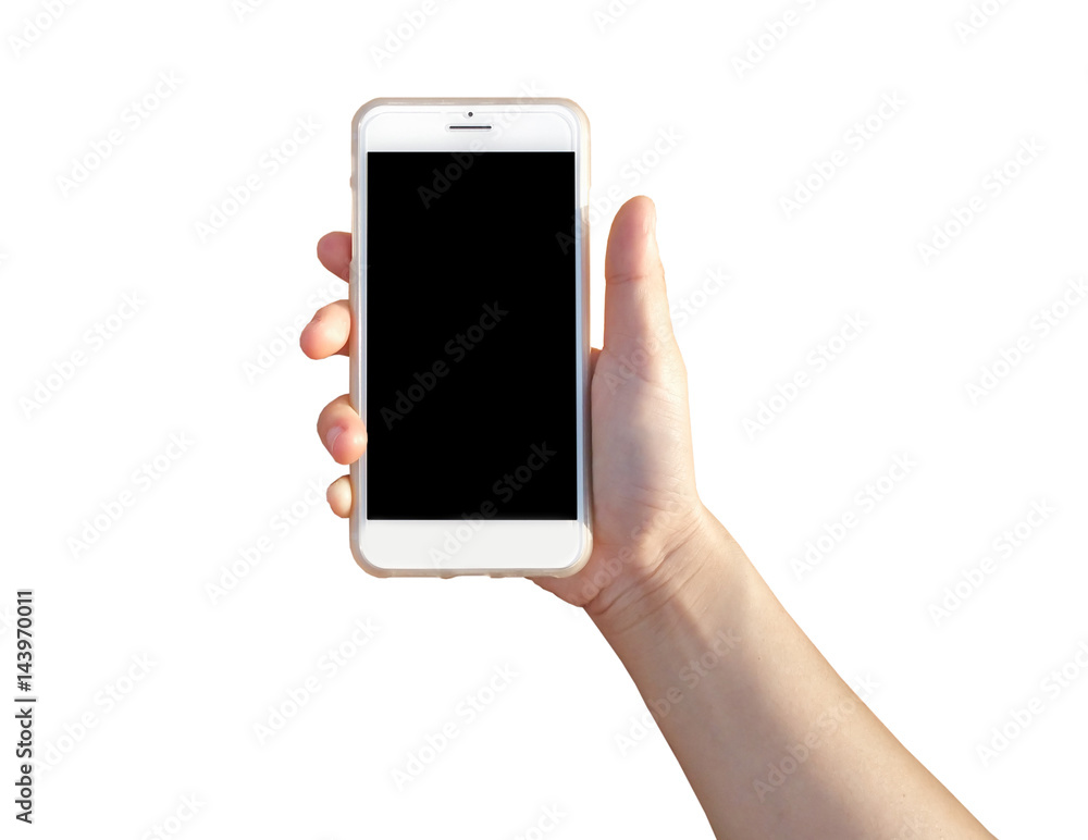 hand holding Modern mobile smart phone with black screen for mockup , isolated on white background , Clipping Path hand holding Modern mobile smart phone with black screen for mockup , isolated on white background , Clipping Path