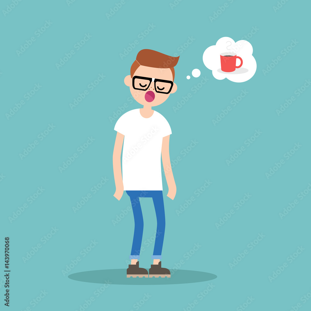 Young exhausted character yawning and thinking about a cup of coffee / flat editable vector illustration, clip art Young exhausted character yawning and thinking about a cup of coffee / flat editable vector illustration, clip art