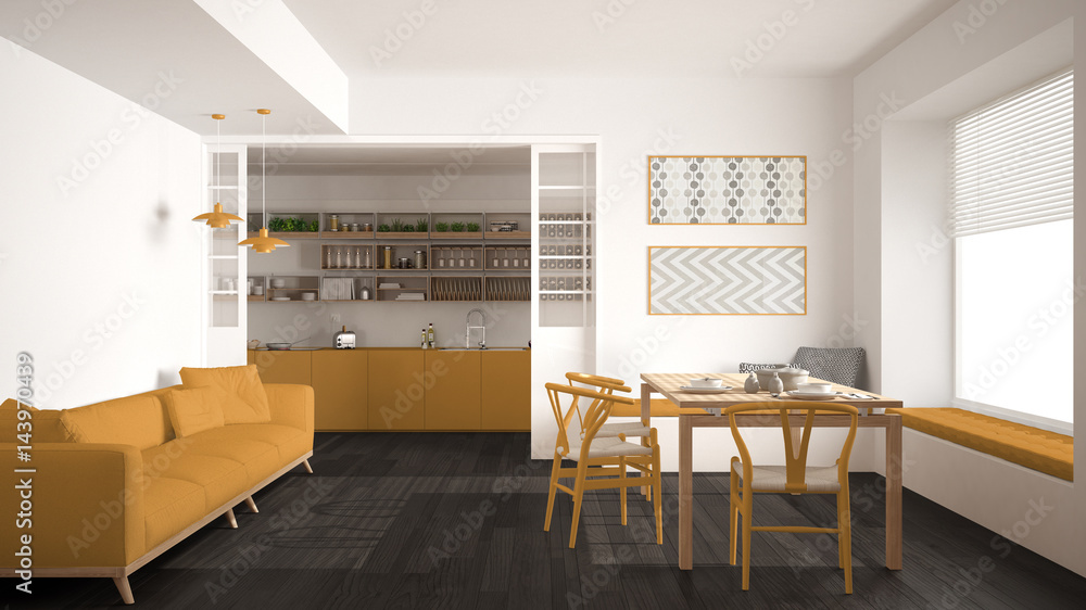Fototapeta premium Minimalist kitchen and living room with sofa, table and chairs, white and yellow modern interior design