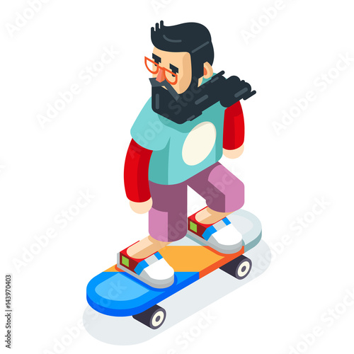 Hipster Geek Scater Ride Scateboard Cartoon Character Icon Isometric Design Vector Illustration photo