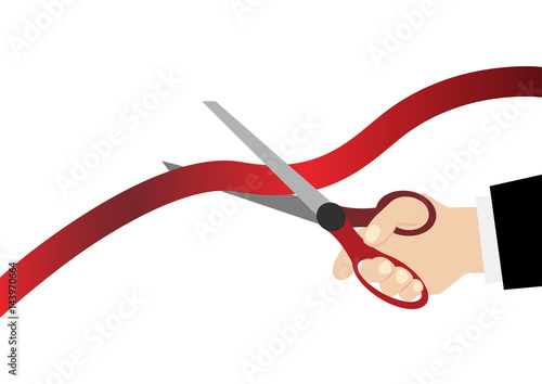 Simple business cartoon illustration of a businessman cutting ribbon as symbolism of celebrating opening ceremony