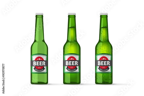Beer bottles 3d stickers vector objects isolated on white background, realistic full cold and empty green beer bottle transparent empty full cold