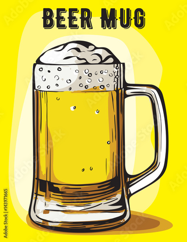 Color vector image of a beer mug. Drink with a lot of foam. Draught beer.