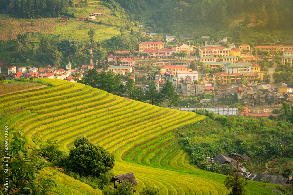 Fototapeta premium Vietnam Yen Bai Mu Cang Chai City top view from rice field terrace on the mountain