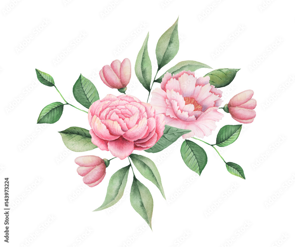 Obraz premium Hand painted watercolor charming combination of Flowers and Leaves isolated on white background