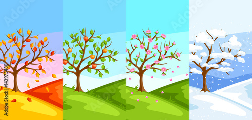Four seasons. Illustration of tree and landscape in winter, spring, summer, autumn.