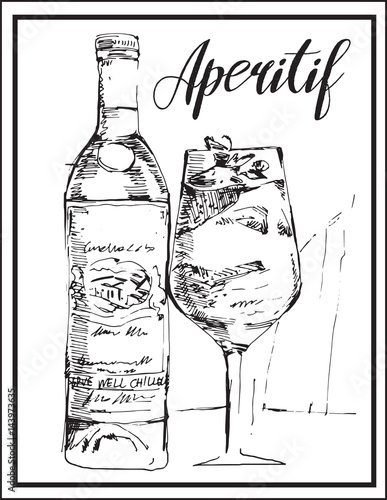 Vector image of alcohol drink , glass and bottle.Aperitif and liqueur.