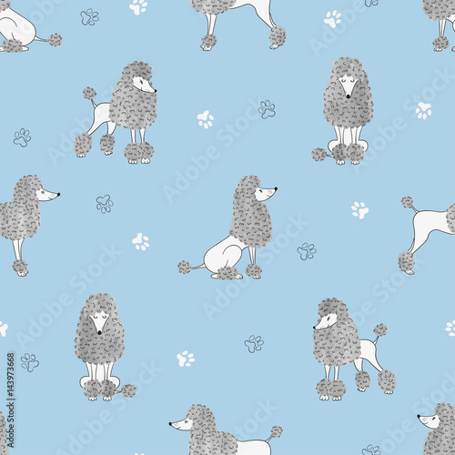 Seamless cute watercolor poodles dogs pattern. Vector background for kids.