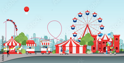 Amusement park with Ferris wheel and balloon