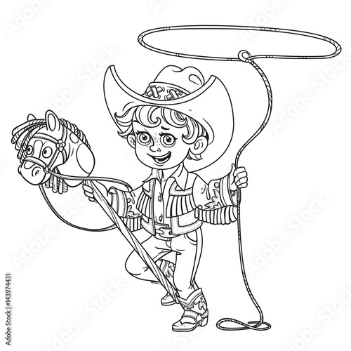 Cute little boy playing with a horse on a stick and lasso outlined isolated on a white background