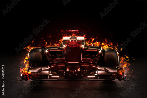 Hot team motor sports racing car with studio lighting and fire effect. 3d rendering illustration