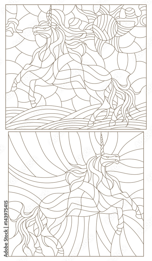Set contour illustration of stained glass with abstract unicorns