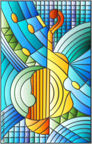 Illustration in stained glass style on the subject of music , the shape of an abstract violin on geometric background