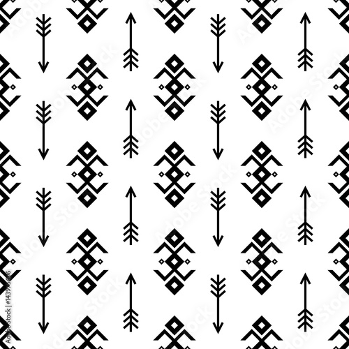 Seamless Indian pattern vector arrows and USA Native American type geometric ornaments black and white background design retro vintage bohemian boho style icon