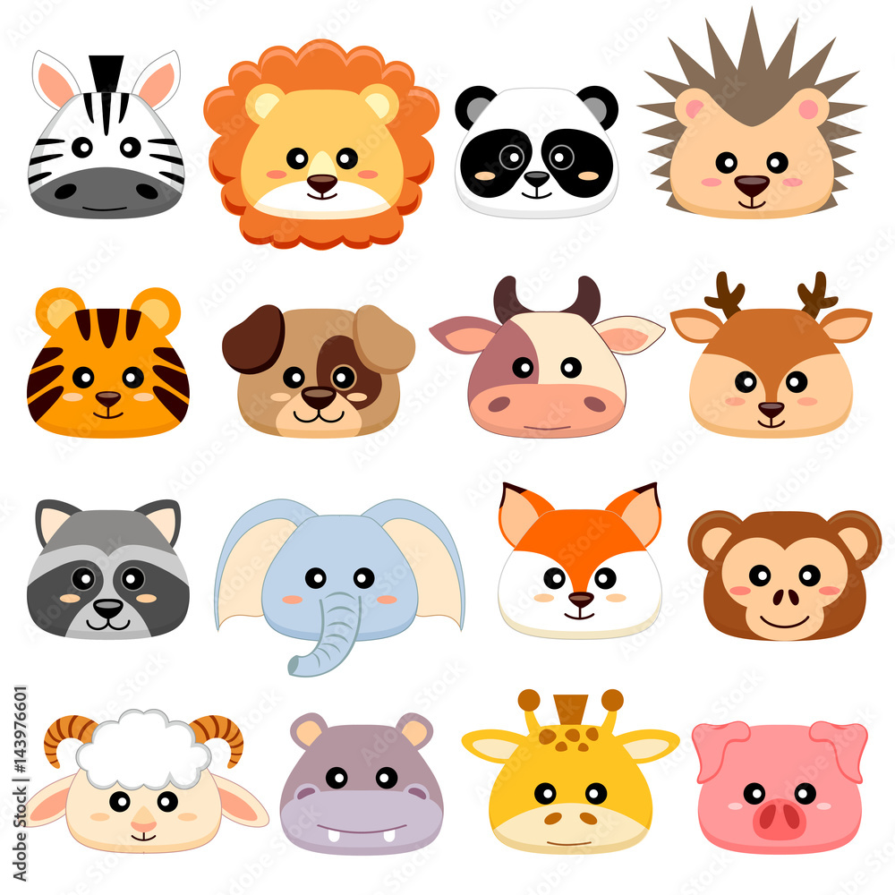 Cute cartoon animals head. Dog, pig, cow, deer, lion, sheep, tiger, panda,  raccoon, monkey, fox, zebra, giraffe, elephant, hedgehog, hippopotamus  Stock Vector | Adobe Stock