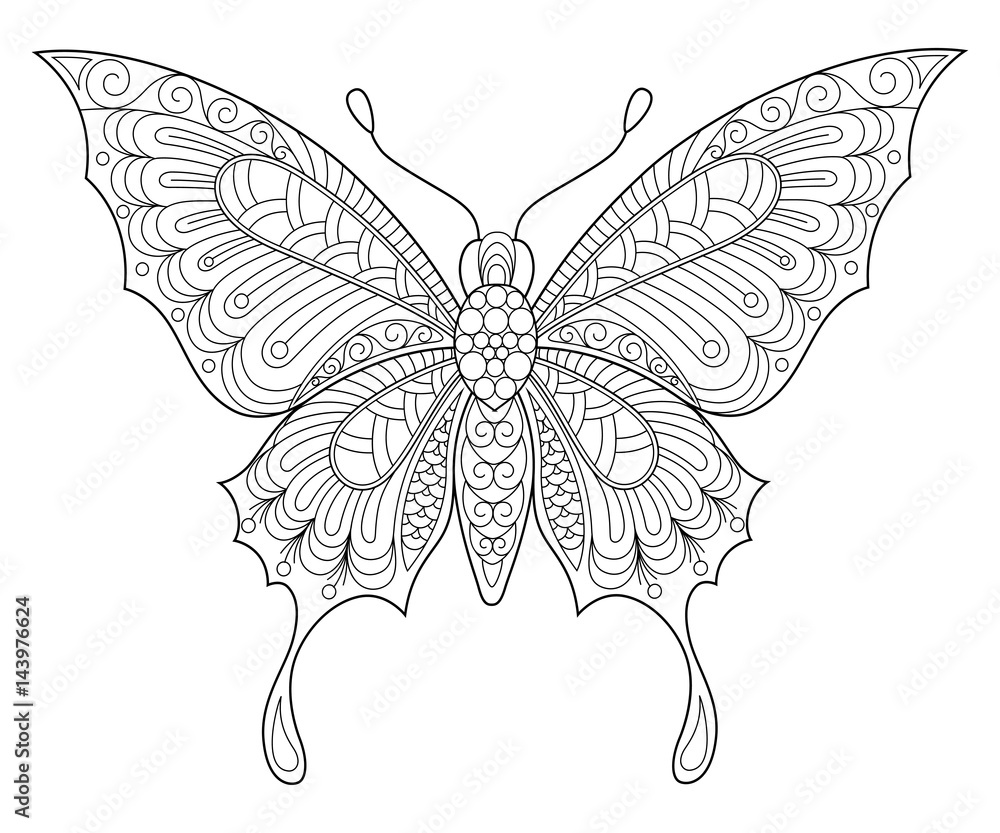 Butterfly. Adult antistress coloring page. Black and white hand drawn ...