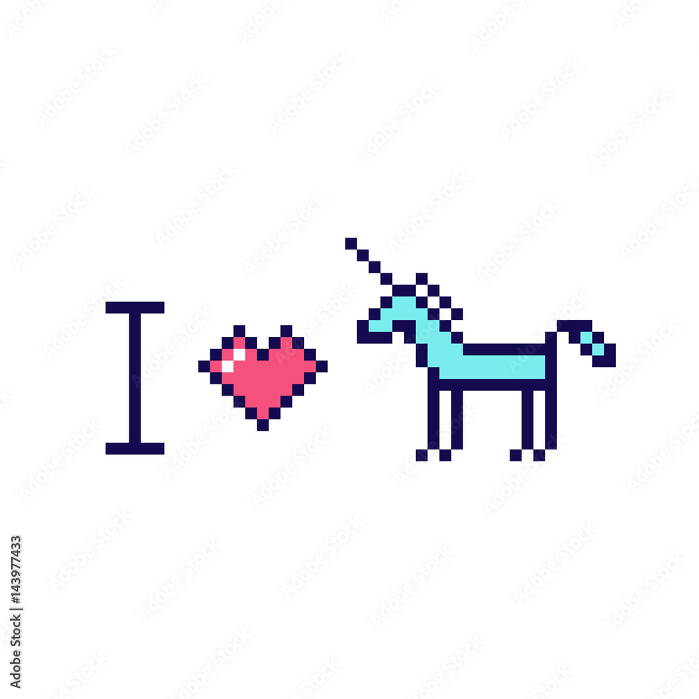 I love unicorn. Quote of abstract unicorn and heart image in the eight bit style on a white background. Vector Image. It can be used for website design, article, phone case, poster, t-shirt, mug etc. I love unicorn. Quote of abstract unicorn and heart image in the eight bit style on a white background. Vector Image. It can be used for website design, article, phone case, poster, t-shirt, mug etc.