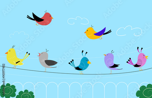 Vector illustration of colorful birds on wires.