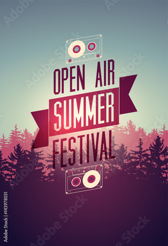 Summer festival open air typographical poster with fir trees landscape. Vector illustration.