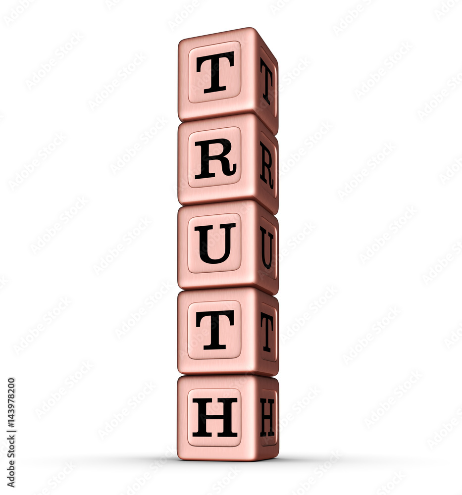 Truth Word Sign. Vertical Stack of Rose Gold Metallic Toy Blocks. Truth Word Sign. Vertical Stack of Rose Gold Metallic Toy Blocks.