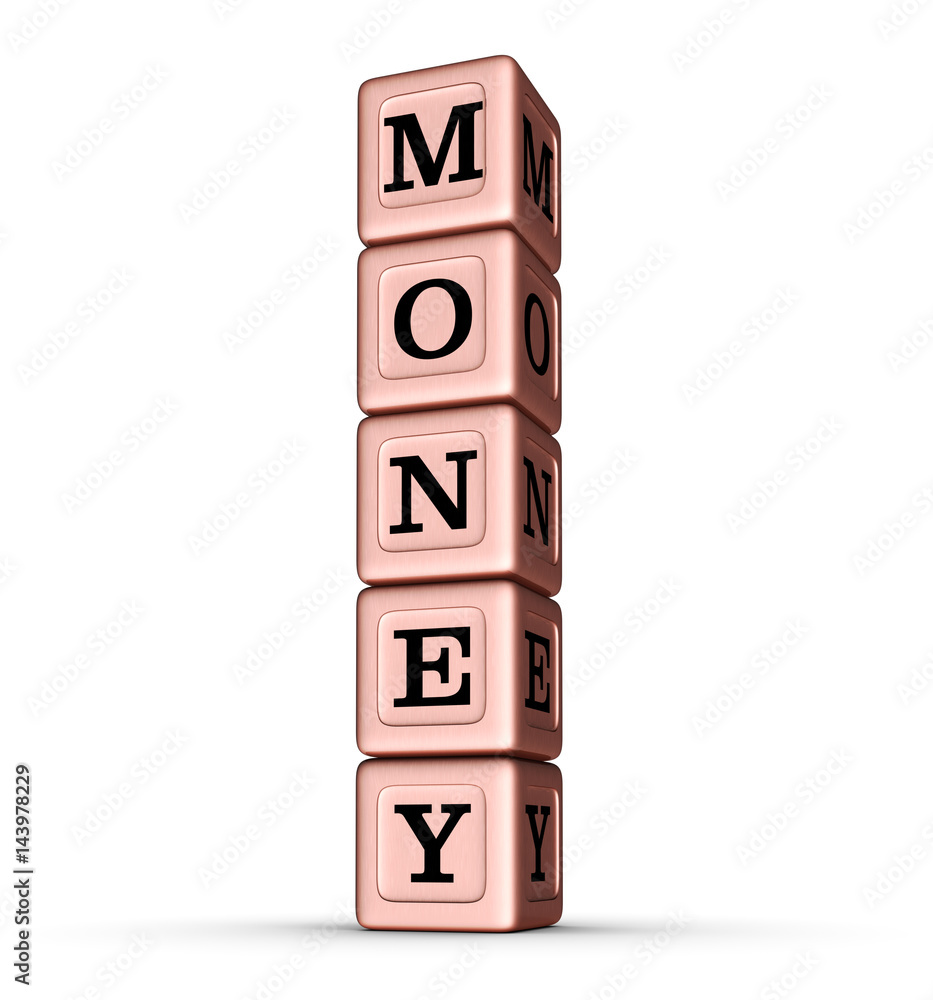Money Word Sign. Vertical Stack of Rose Gold Metallic Toy Blocks. Money Word Sign. Vertical Stack of Rose Gold Metallic Toy Blocks.