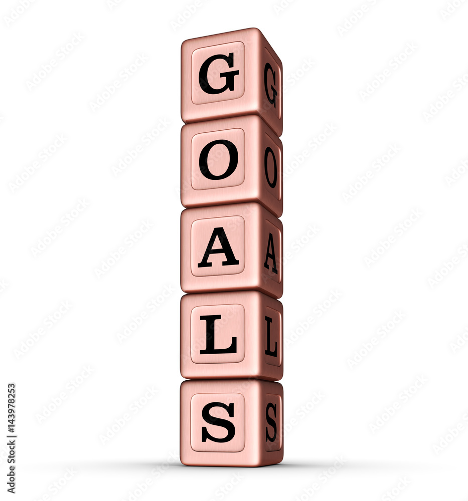 Goals Word Sign. Vertical Stack of Rose Gold Metallic Toy Blocks. Goals Word Sign. Vertical Stack of Rose Gold Metallic Toy Blocks.