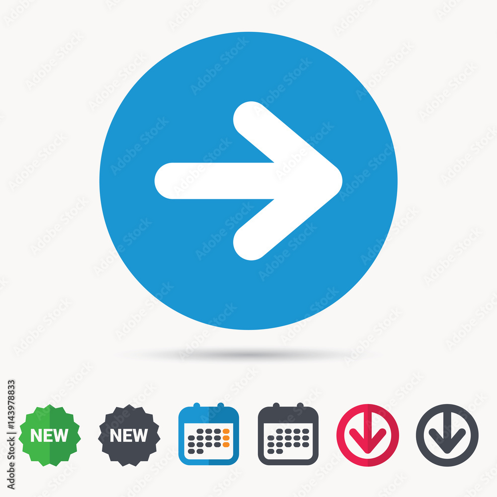 Arrow icon. Next navigation symbol. Calendar, download arrow and new