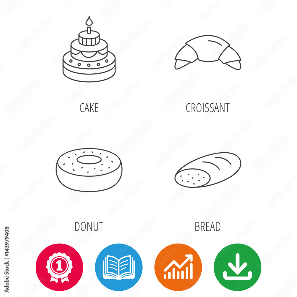 Croissant, cake and bread icons. Sweet donut linear sign. Award medal, growth chart and opened book web icons. Download arrow. Vector