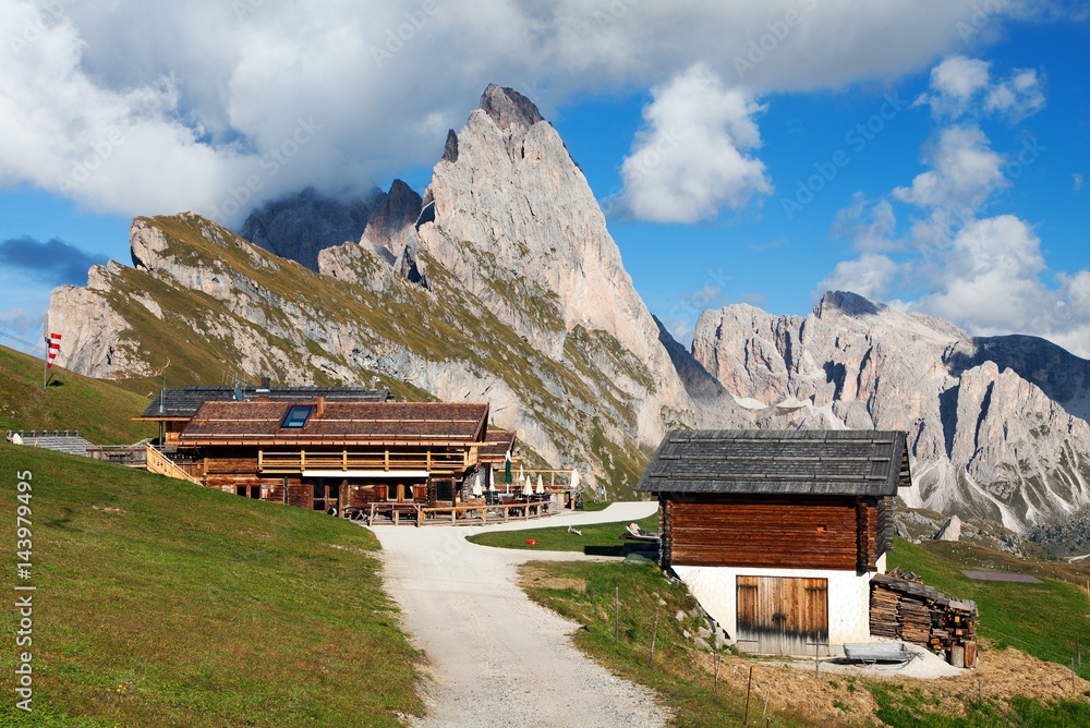 Geislergruppe or Gruppo delle Odle with chalet Geislergruppe or Gruppo delle Odle with chalet