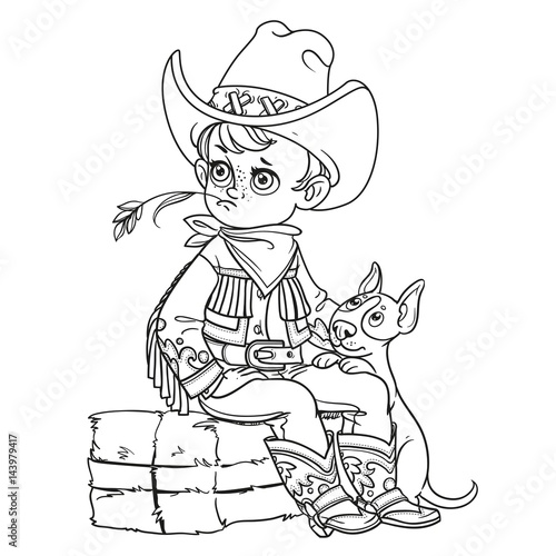 Cute boy playing with dog and sitting on a briquette of hay outlines isolated on a white background