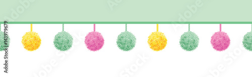 Vector Colorful Pastel Baby Room Pompoms Set On Strings Horizontal Seamless Repeat Border Pattern. Great for handmade cards, invitations, wallpaper, packaging, nursery designs.