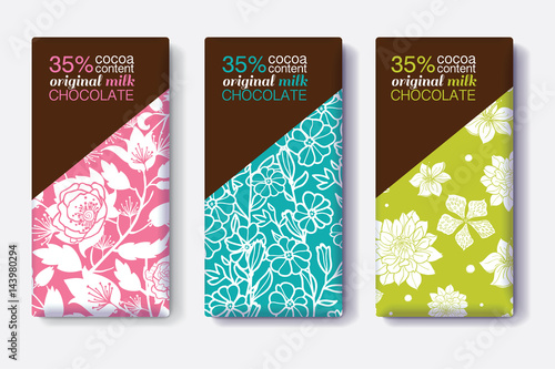 Vector Set Of Chocolate Bar Package Designs With Modern Floral Patterns. Edit...