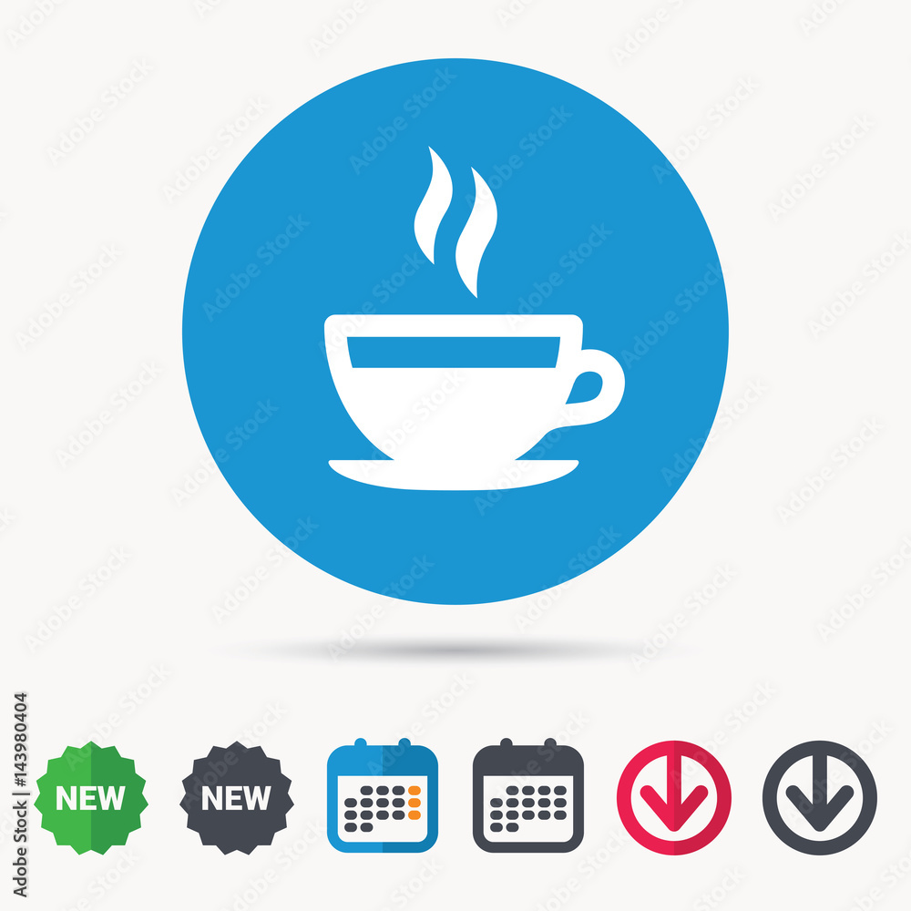Coffee cup icon. Hot tea drink symbol. Calendar, download arrow and new tag signs. Colored flat web icons. Vector Coffee cup icon. Hot tea drink symbol. Calendar, download arrow and new tag signs. Colored flat web icons. Vector