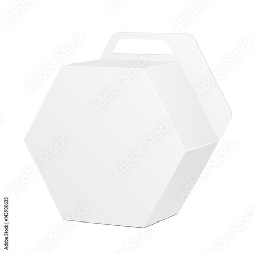 White Cardboard Hexagon Carry Box Bag Packaging With Handle For Food  Gift Or Other Products. On White Background Isolated. Ready For Your Design. Product Packing Vector EPS10