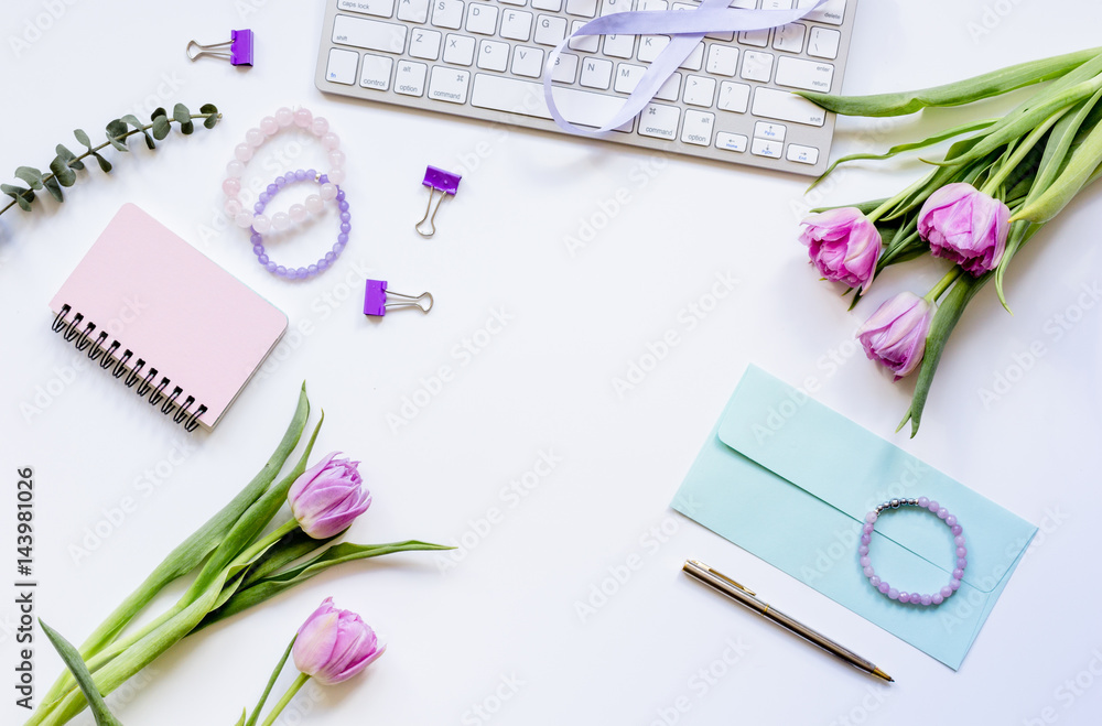Work with flowers in home office concept top view Work with flowers in home office concept top view